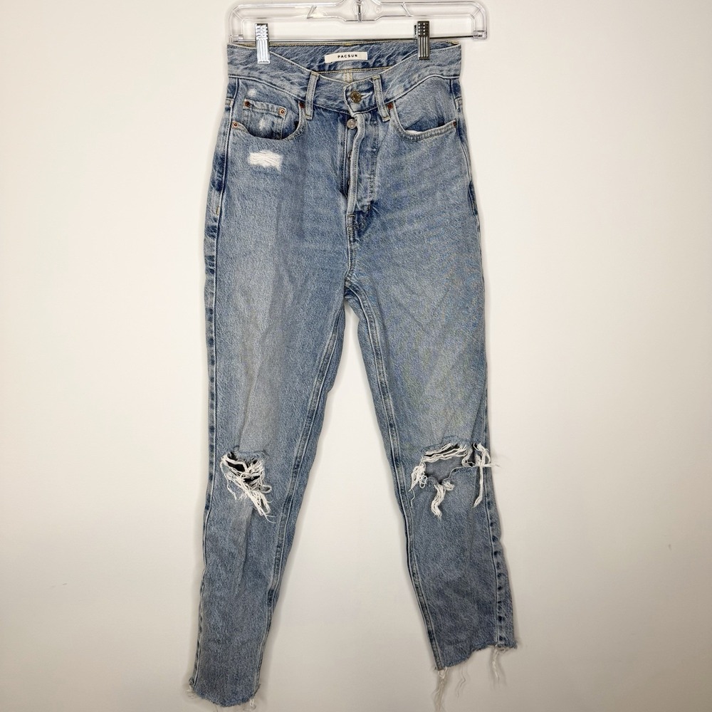 Pacsun Ultra High Rise Slim Jeans 24 Straight Light Wash Denim Pants Distressed‎